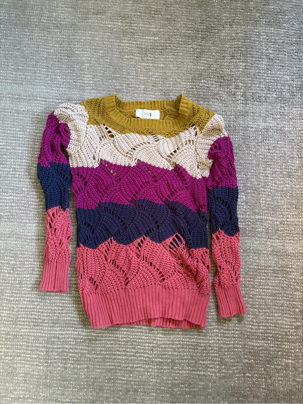 Colorblock Open-Knit Sweater in Mustard, Cream, Pink and Navy